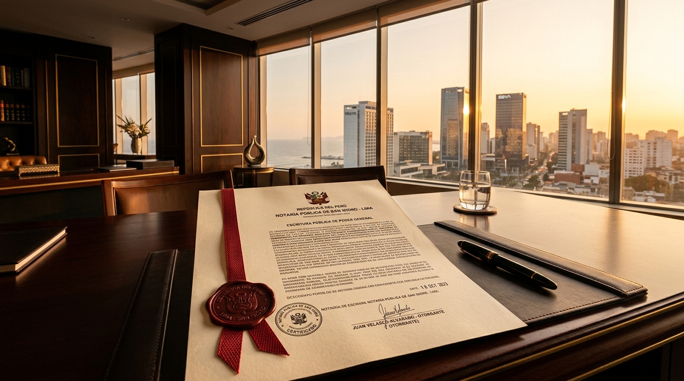 Escritura pública de poder consular con sello notarial y vista de Lima al atardecer